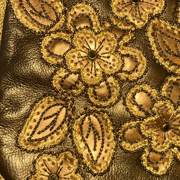 Vintage Rare Isabella Fiore Gold Leather Satchel Shoulder Bag with Beaded Trim - Picture 9 of 13